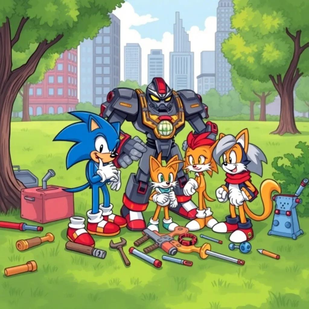 Sonic the Hedgehog, Shadow the Hedgehog, Tails, and Dr. Eggman working together in the city park to build a big robot, Maria watching them with a smile, lots of tools around, colorful scene, teamwork vibe, bright and uplifting, detailed illustration