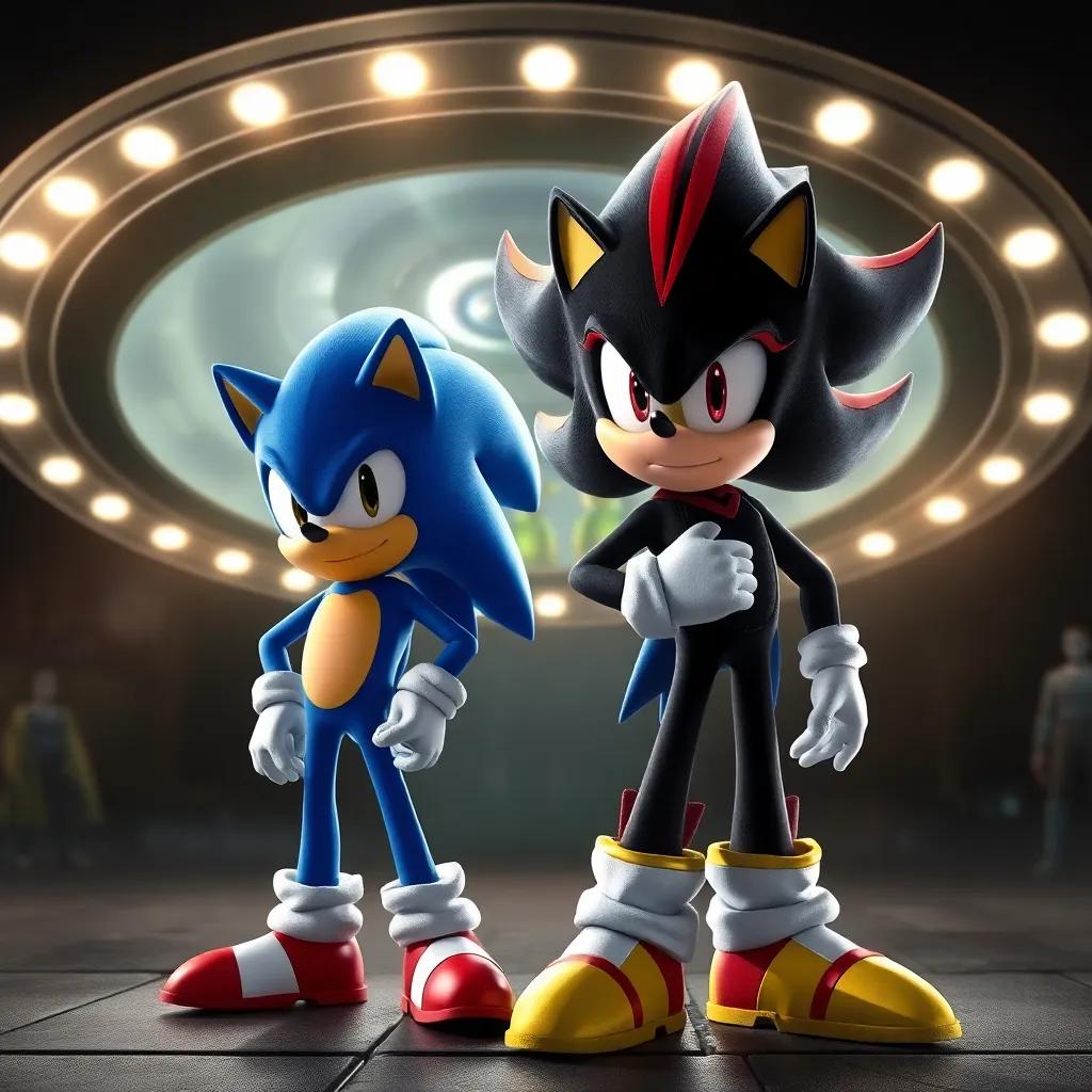 A dark hedgehog, Shadow, with spiky black quills and a red and yellow outfit, standing confidently next to Sonic, a bright blue hedgehog, as they prepare to confront a group of aliens inside a UFO, dramatic lighting, detailed, sci-fi style, dynamic perspective, high quality
