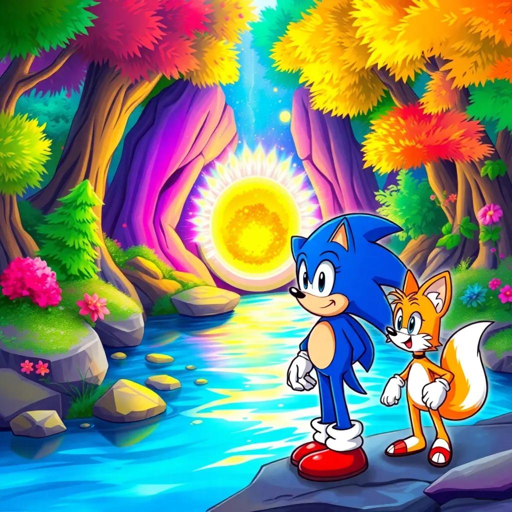 A magical portal glowing with vibrant colors near a river, Sonic the Hedgehog standing in awe with Tails nearby, colorful, enchanted forest around them, digital art, vivid colors, whimsical setting, high quality