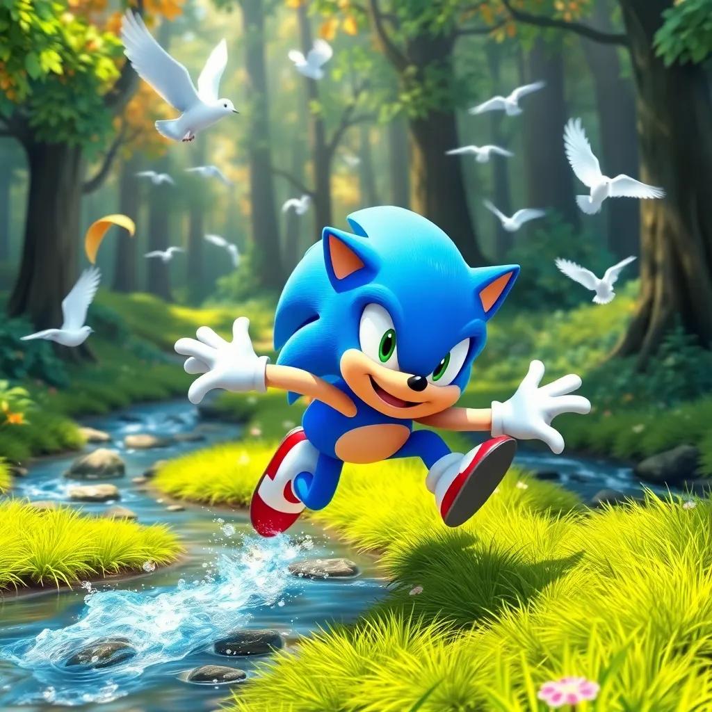 Sonic, a blue hedgehog, running joyfully in a vibrant forest, birds flying around, streams sparkling, showcasing energy and excitement, bright and cheerful color, high energy scene