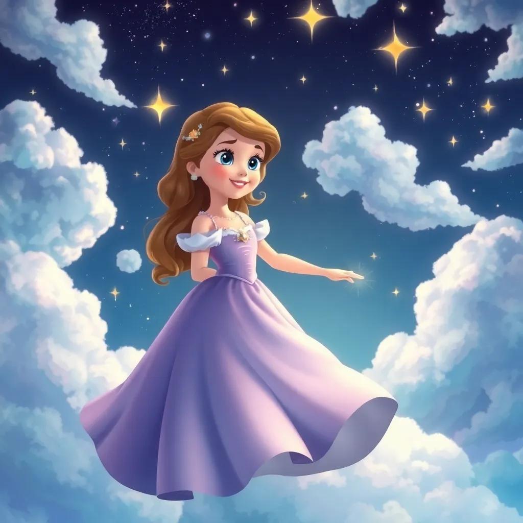 Sophia in a sky kingdom, surrounded by fluffy white clouds and shining stars, wearing a flowing nightgown, with wonder in her eyes as she spins around, magical realm, illustration, vibrant colors, enchanting view, high quality