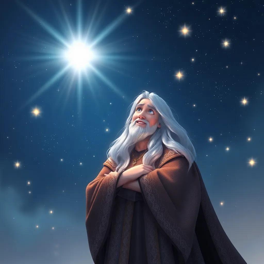 The Star Keeper, a wise figure with long silver hair and sparkling robes, standing under a radiant starry sky, smiling at Sophia, surrounded by gently glowing stars, mystical, digital painting, soft light, inviting atmosphere, high quality
