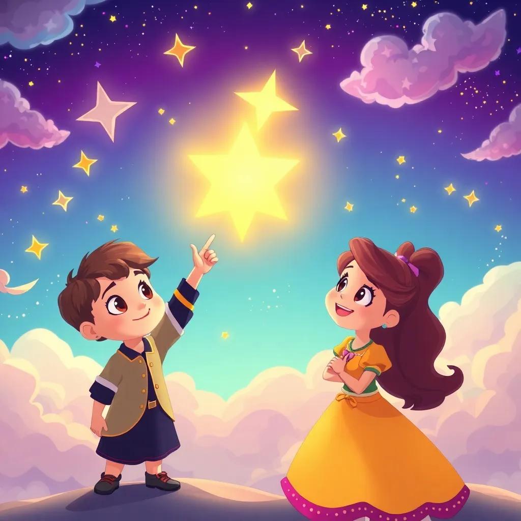Sophia and the Star Keeper pointing at a bright star in the sky, with a magical backdrop of dancing stars and colorful clouds, filled with inspiration, vibrant, illustration, cheerful, high quality