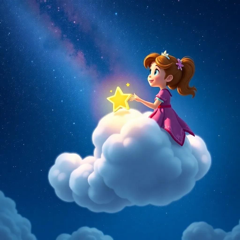 Sophia climbing a fluffy cloud with the Star Keeper, both looking amazed at the beautiful starry view, the sky glimmering with stars, aerial perspective, joyful scene, colorful, high quality