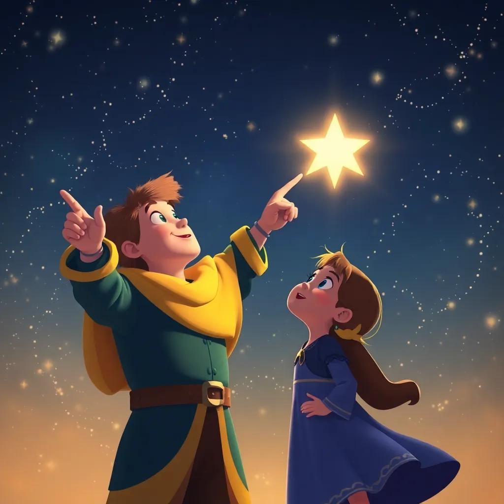 The Star Keeper pointing at a bright star, while Sophia looks up with amazement, the sky around them filled with twinkling stars, floetry and magic in the air, heartfelt, digital art, warm colors, high quality