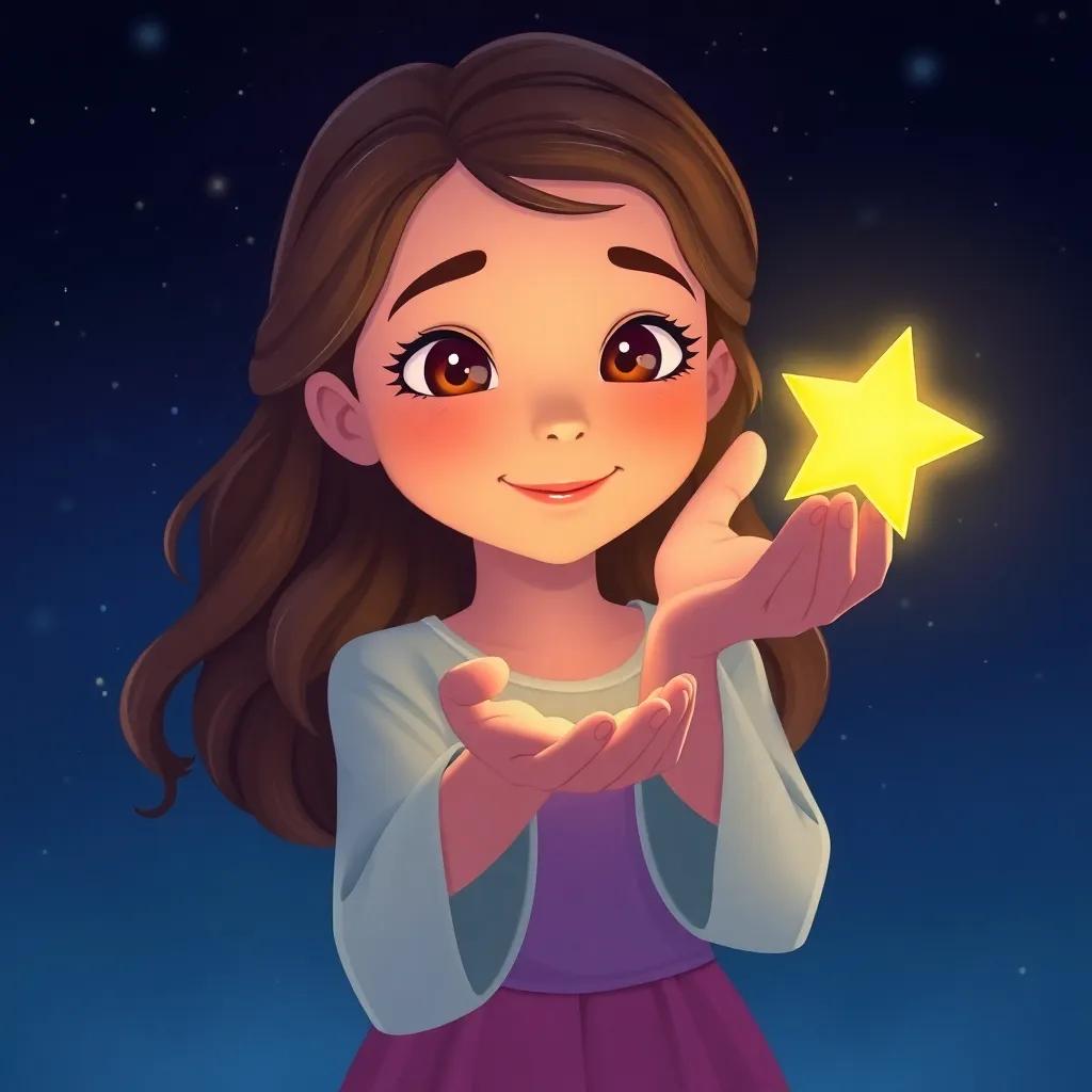 Sophia holding a star charm given by the Star Keeper, glowing warmly in her palm, with a night sky backdrop and faint stars, illustration, inspiring, magical atmosphere, high quality
