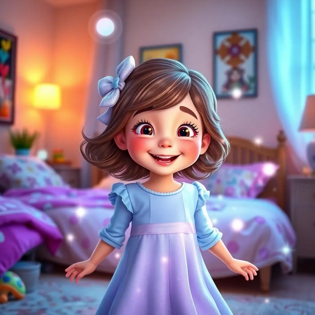 Sophia spinning in a bright light, flashing around her, with a cozy bedroom backdrop, her eyes sparkling with joy, digital art, uplifting, fancy colors, high quality