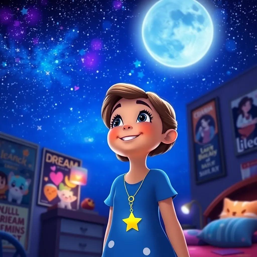 Sophia smiling at the night sky, with the star charm hanging around her neck, her room filled with dream posters, radiant energy, heartwarming, digital art, cheerful colors, high quality