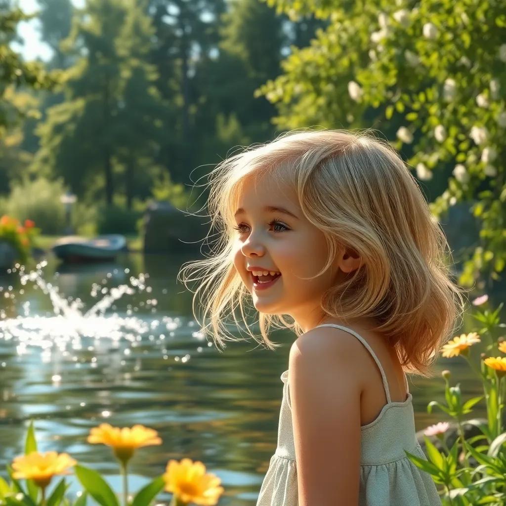 A young girl, Sophia, with blonde hair giggling near a sparkling pond surrounded by green trees and flowers, playfully splashing water, detailed digital art, warm light, joyful mood, high quality