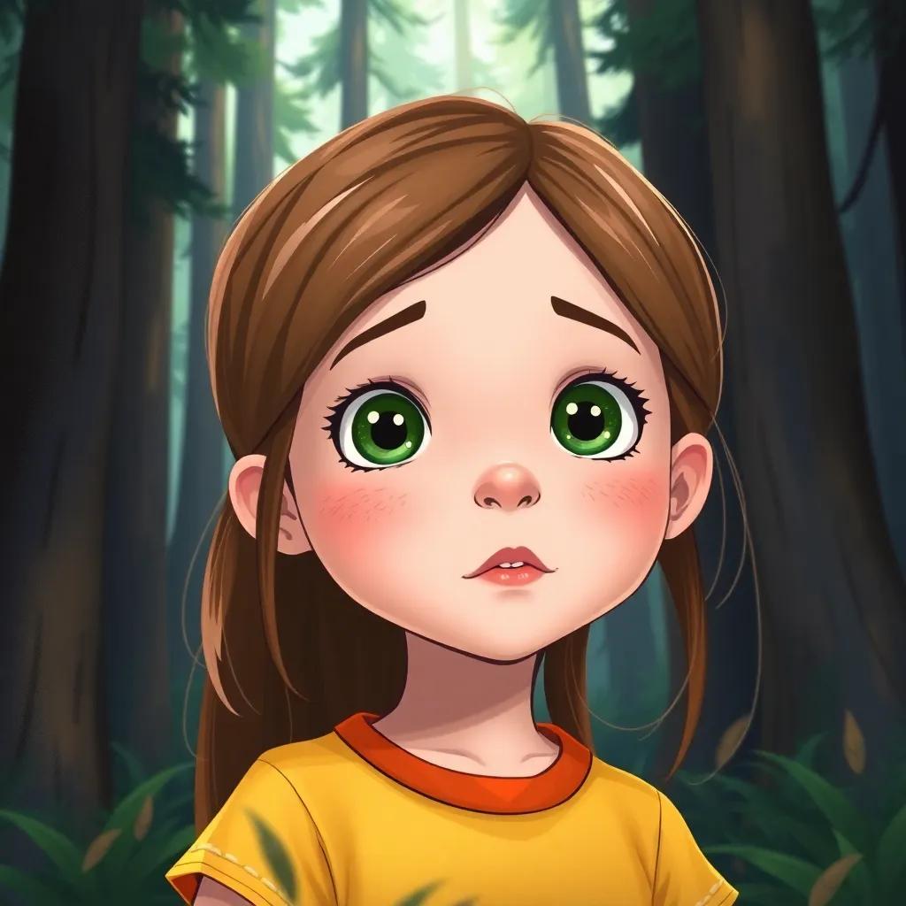 A young girl, Sophia, with light skin and freckles on her cheeks, wide green eyes, and long brown hair with light highlights, wearing a yellow shirt with an orange neckline, looking surprised in a dense forest with tall trees and a mix of dark and light tones, realistic digital art, vibrant colors, immersive atmosphere, high quality