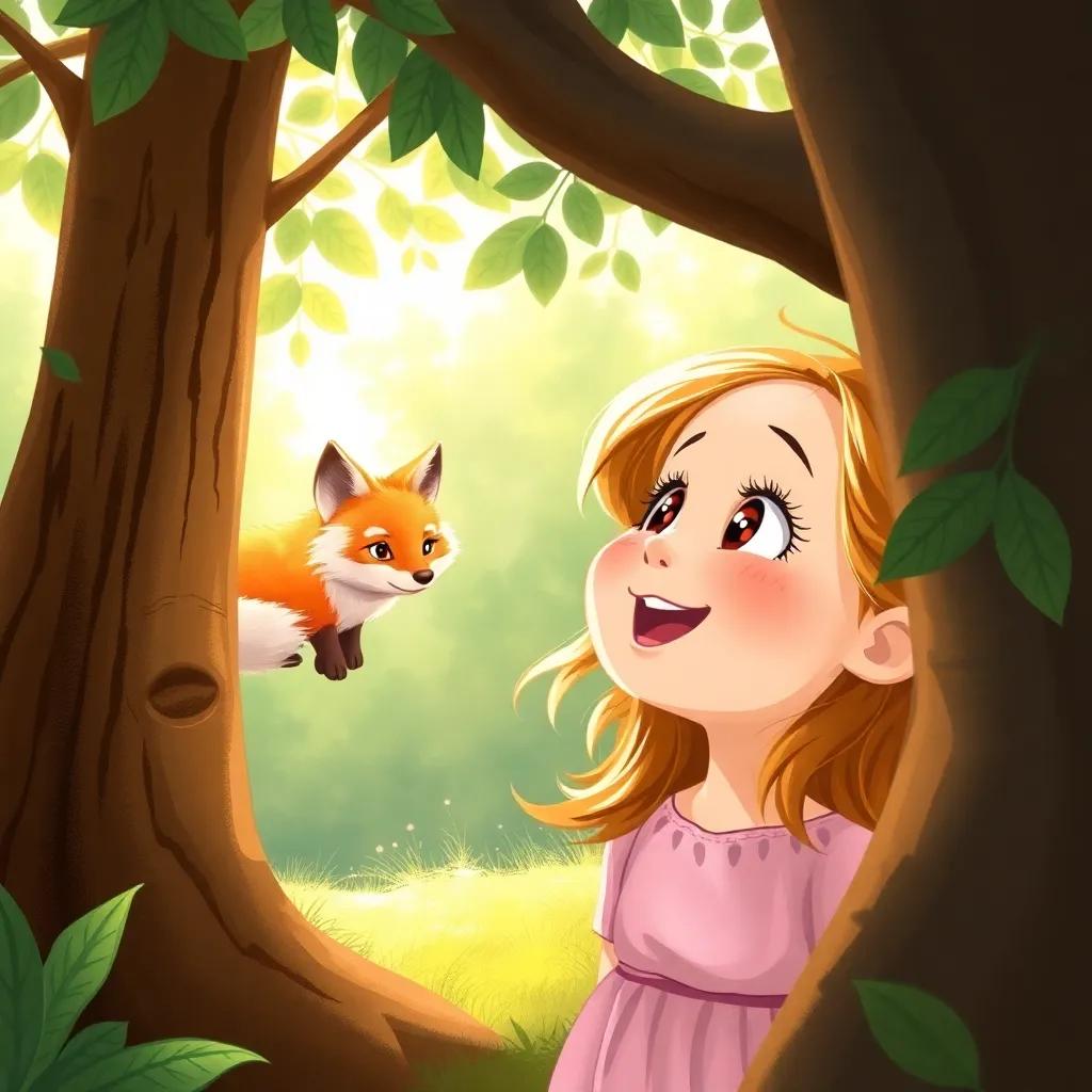 Sophia, a young girl with light skin and freckles, looking joyfully at a fluffy little fox peeking out from behind a tree, surrounded by a beautiful woodland with sunlight filtering through leaves, capturing a moment of surprise and connection, realistic illustration, warm colors, engaging perspective, high quality
