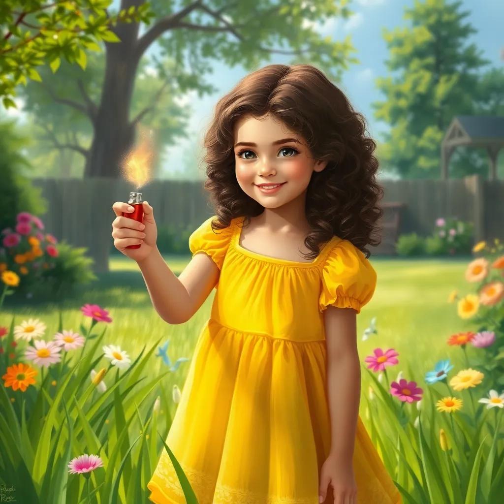 A young girl, Sophie, with curly brown hair, wearing a bright yellow dress, holding a lighter in a sunny backyard, surrounded by green grass and colorful flowers, cheerful atmosphere, digital art