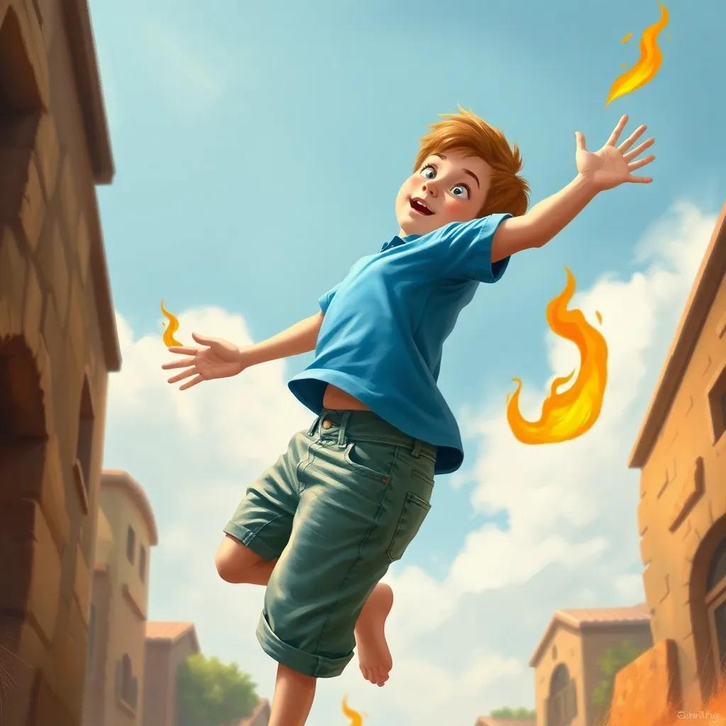 A young boy, Ben, with short brown hair, wearing a blue t-shirt and denim shorts, jumping back with wide eyes as flames flicker near his shirt, sunny day, playful scene, illustration