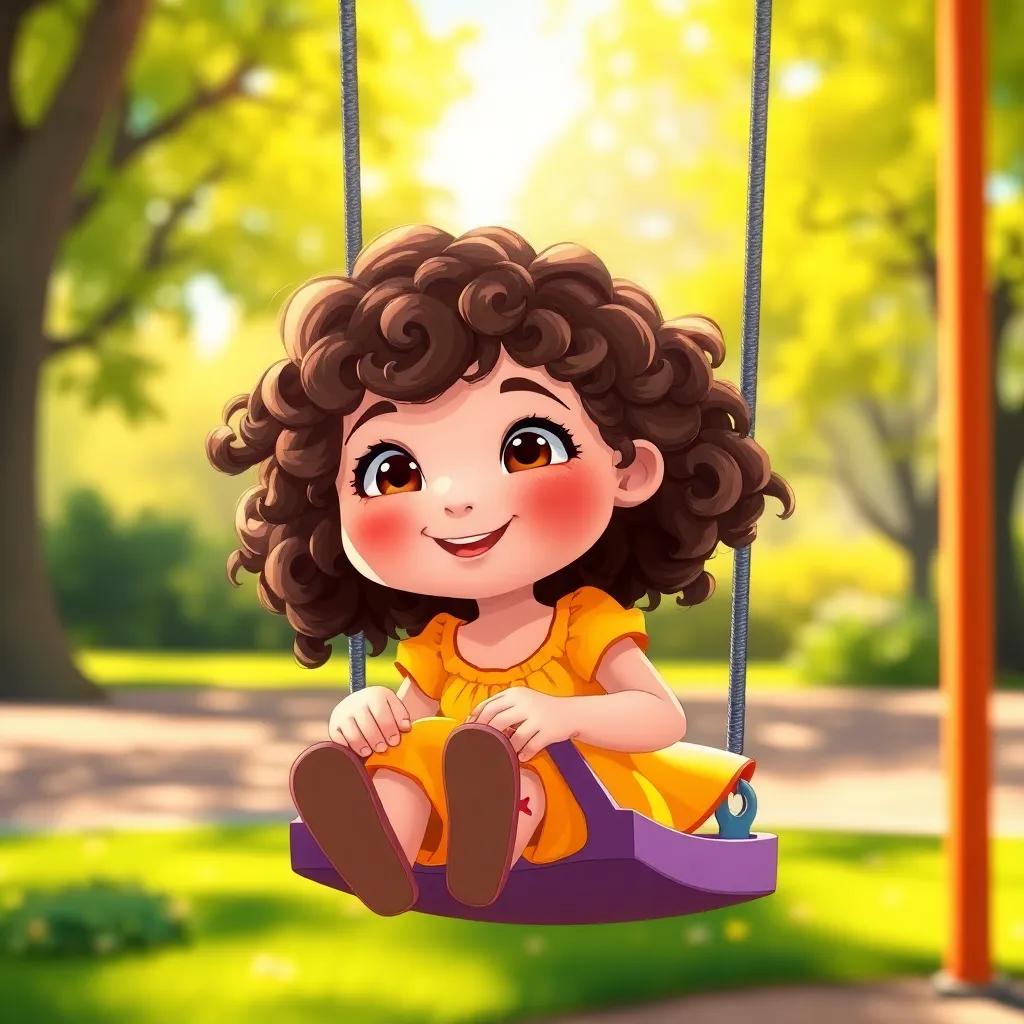 A gentle little girl, Sophie, with curly brown hair wearing a bright yellow dress, playing happily on a swing at the park under the sunshine, cheerful atmosphere, vibrant colors, detailed illustration, child-friendly, engaging