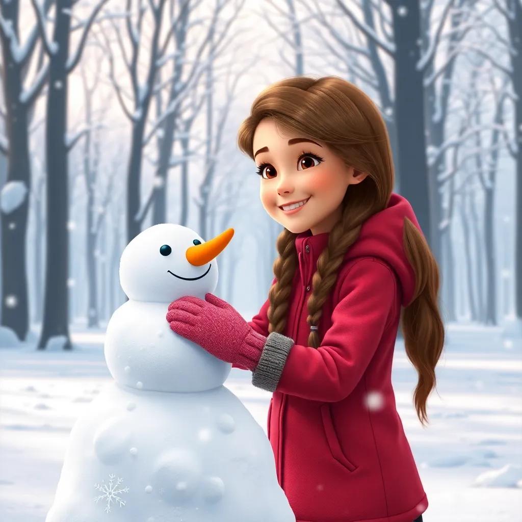 A young girl, Sophie, with long brown hair wearing a red jacket and pink mittens, smiling happily as she builds a snowman in a snowy park filled with tall trees, detailed digital art, bright colors, magical winter atmosphere, high quality