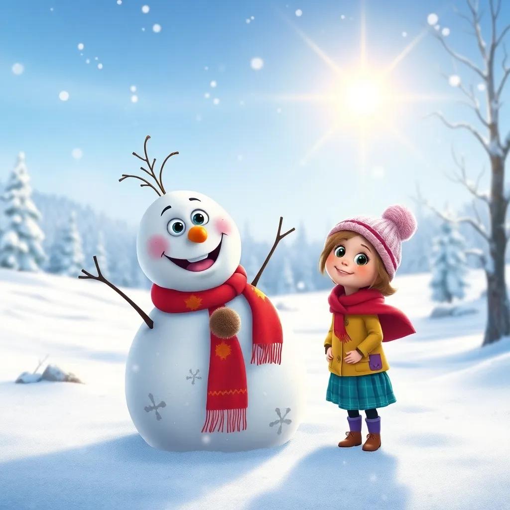 A friendly snowman, Frosty, with a carrot nose and coal eyes, standing tall next to Sophie in a snowy landscape, sparkling bright under the winter sun, illustration, cheerful, magical setting, child-friendly