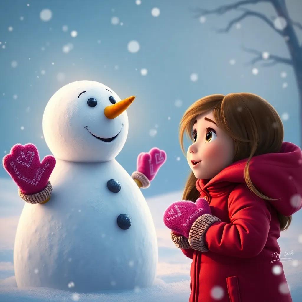 Sophie, a young girl with long brown hair in a red jacket and pink mittens, looking surprised and excited as the magical snowman, Frosty, comes to life, glowing softly in the snow, digital art, vibrant, fantasy-themed