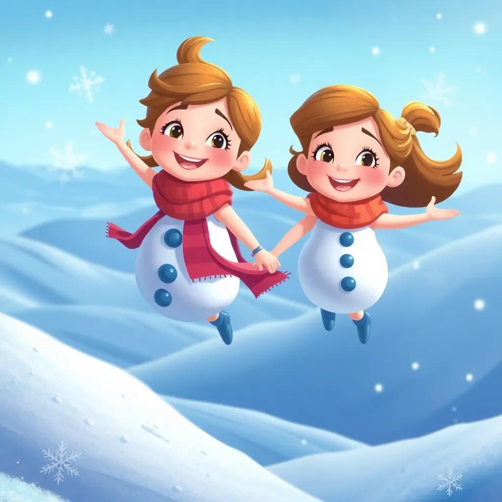 Sophie and Frosty, holding hands and flying through the sky over snowy hills, joyful expressions on their faces, sparkling snowflakes around them, illustration, whimsical, adventure-filled scene, child-friendly