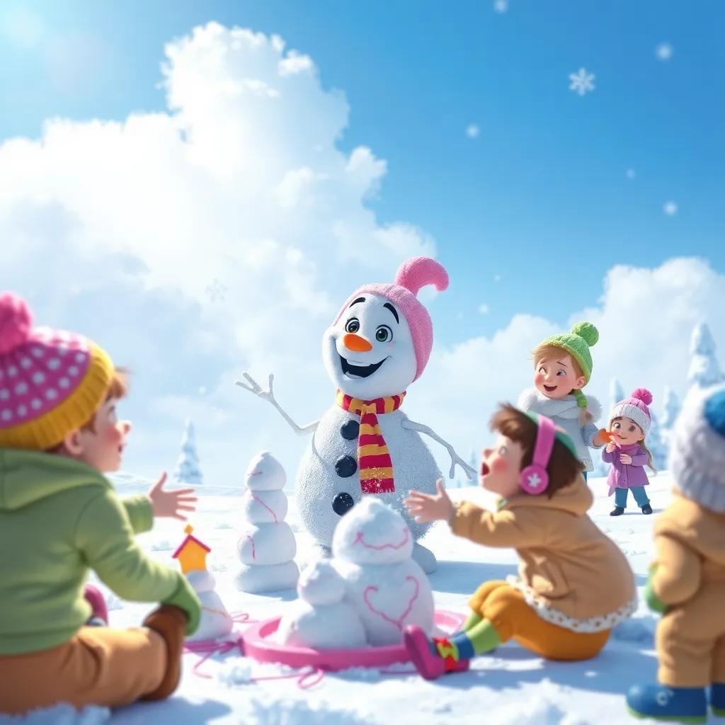 Sophie and Frosty playing with kids making snow angels and snow castles, with a bright blue sky and fluffy white clouds overhead, filled with joy and laughter, digital painting, colorful, inviting atmosphere