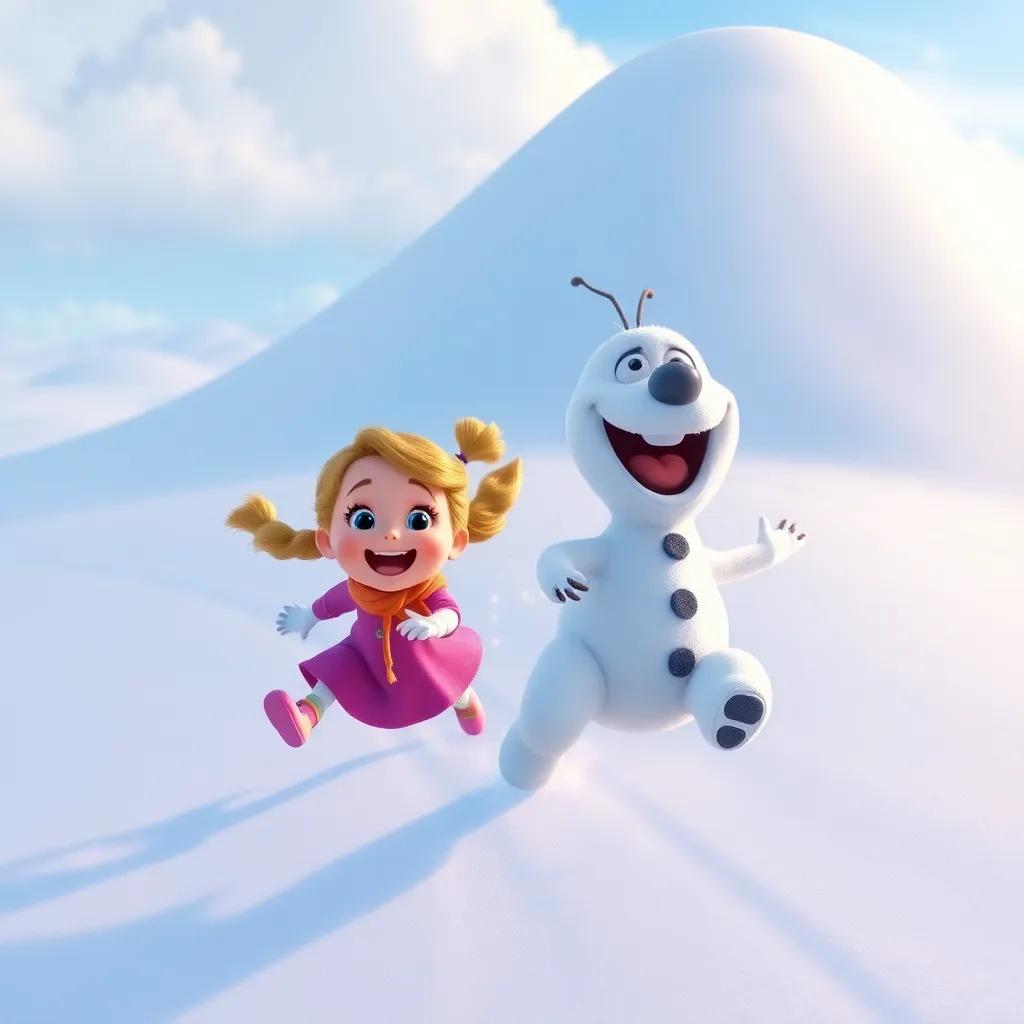 Sophie and Frosty racing to the top of a big snow hill, happy faces filled with laughter, snowy landscape surrounding them, illustration, fun, energetic scene, child-friendly