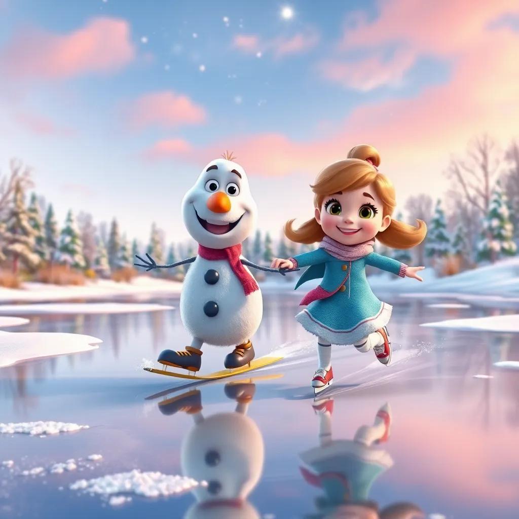 Sophie and Frosty skating on a frozen pond, gliding smoothly with big smiles, surrounded by a beautiful winter landscape, digital art, warm colors, joyful atmosphere
