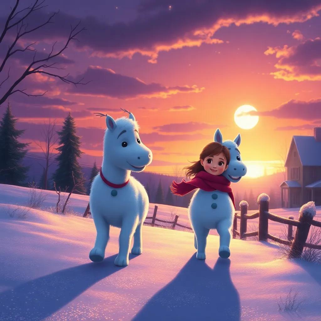 Sophie and Frosty returning home as the sun sets, the sky painted in purple and gold, with snowy ground sparkling under the moonlight, illustration, magical, heartwarming scene