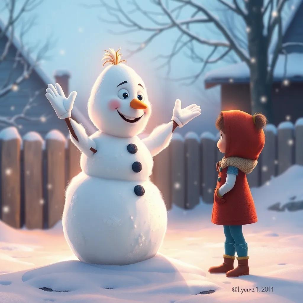 Frosty the snowman waving goodbye to Sophie in the snowy yard, with a soft glow around him, digital painting, gentle light, warm farewell atmosphere