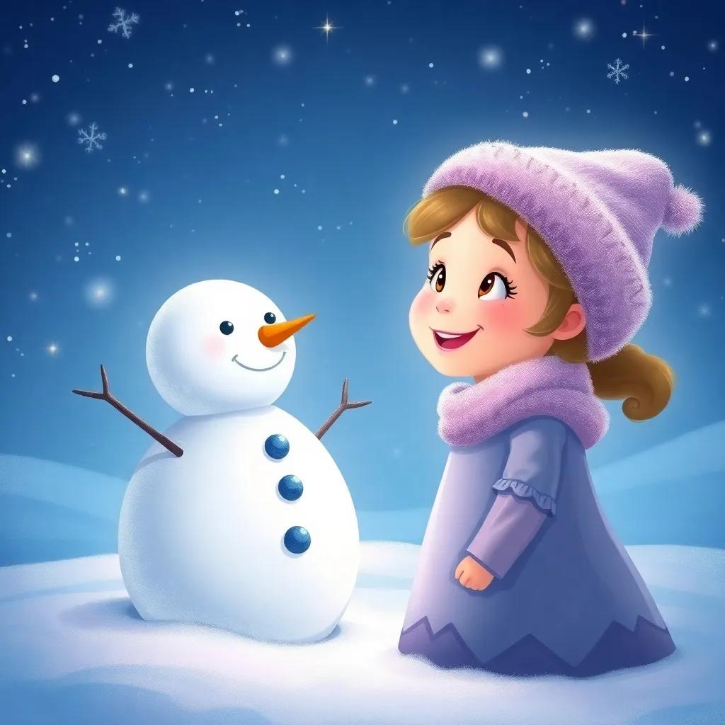Sophie smiling as she watches her snowman shimmer under the stars, her heart filled with joy and magic from their adventure, illustration, peaceful, dreamy scene