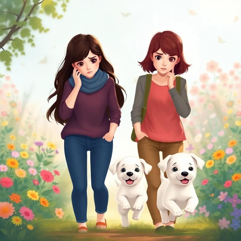Two worried women, one with dark hair and one with short brown, both dressed in casual clothes, standing in a garden filled with colorful flowers, looking relieved as a small white puppy runs towards them, capturing a happy reunion, digital art, soft light, heartwarming, high quality