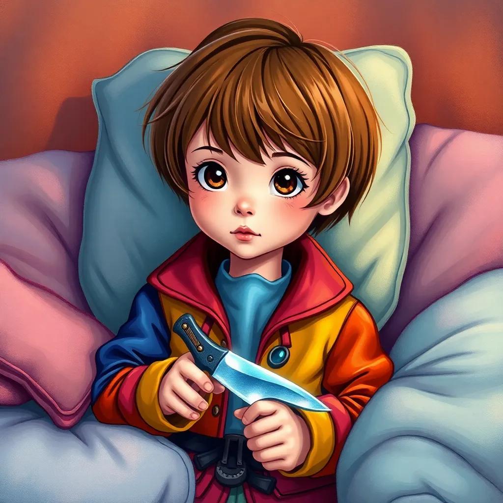 Sophie, a young girl with short brown hair in a colorful spy outfit, surrounded by soft pillows and a shiny toy knife, thinking hard, illustration, vibrant colors, imaginative scene, child-friendly, high quality