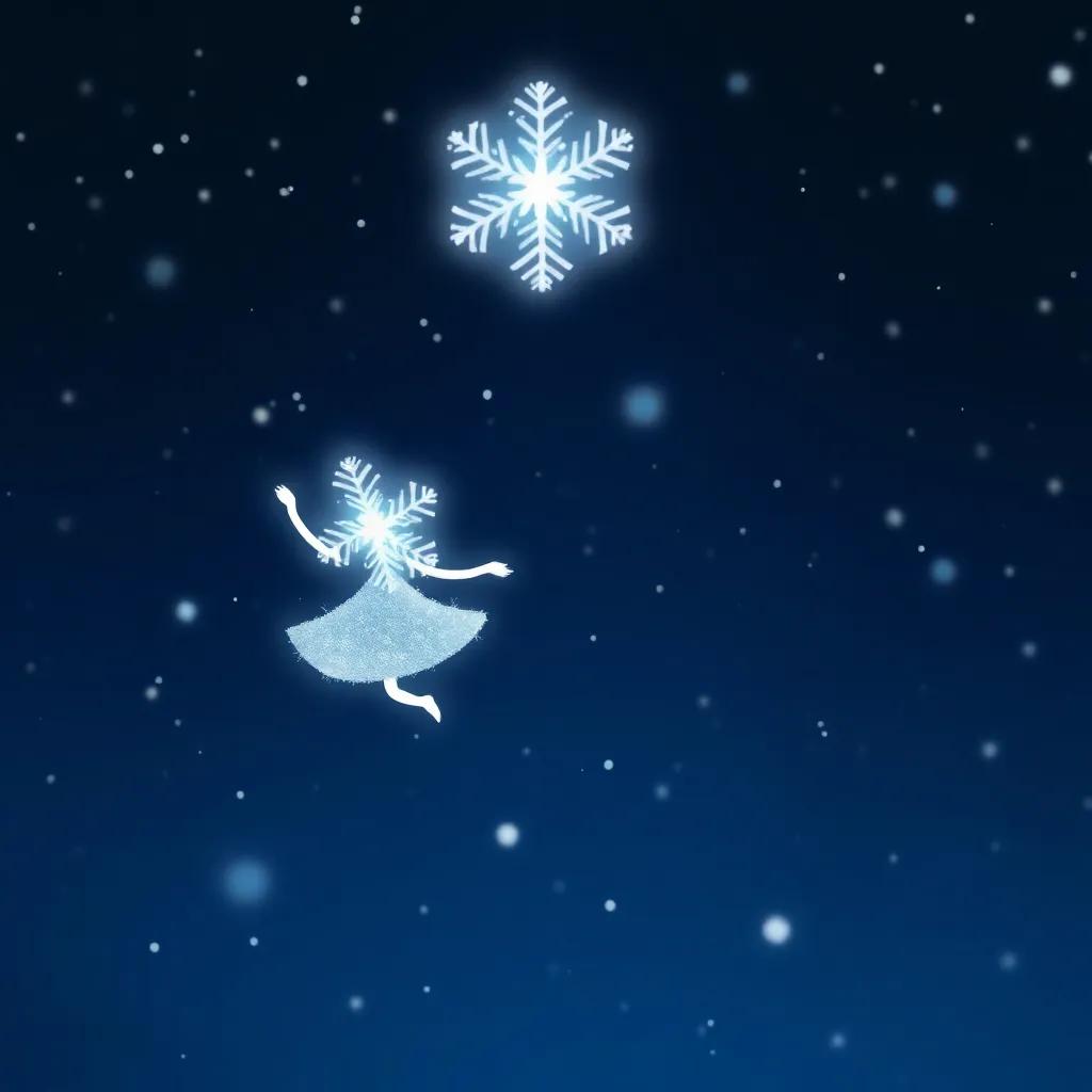 A small, bright snowflake named Sophie twirling and dancing in a starry night sky, with sparkling stars and gentle snow falling, digital art, whimsical, bright colors, joyful atmosphere, high quality