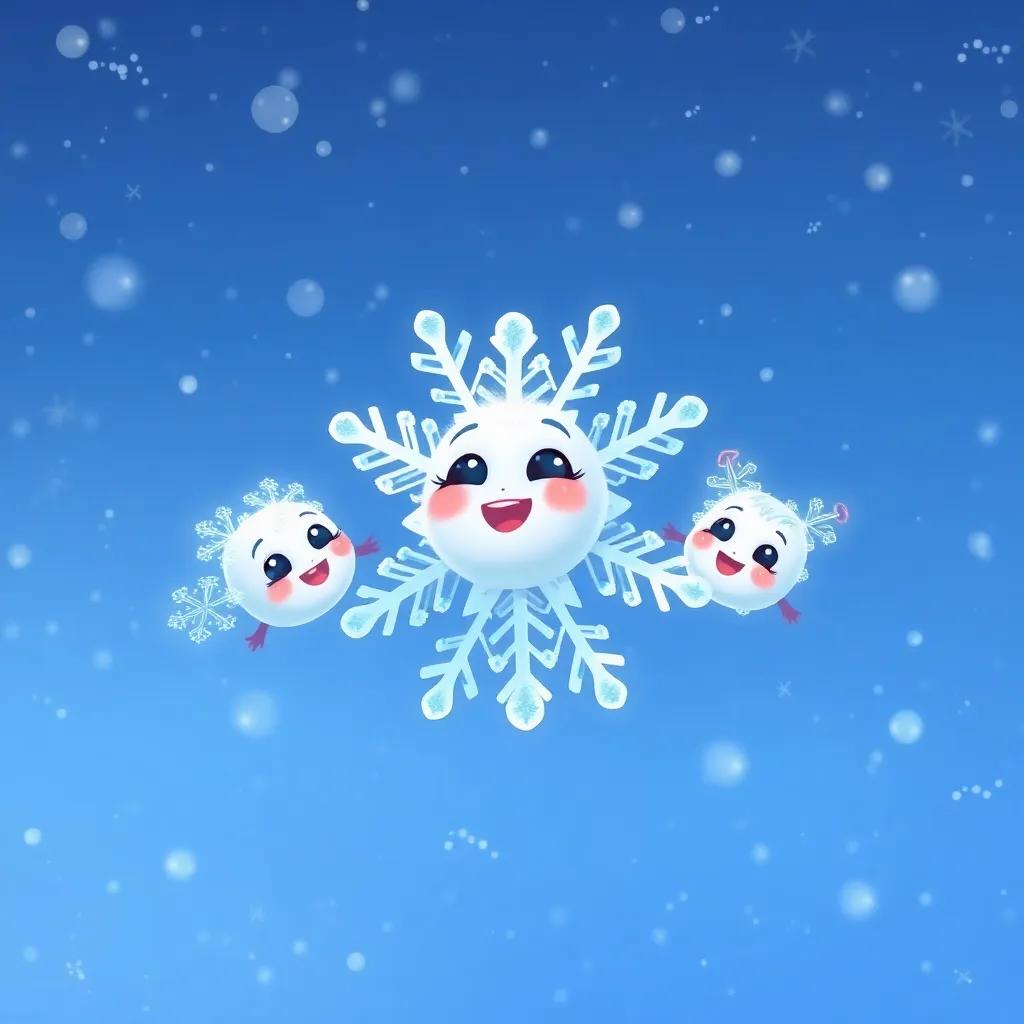 Sophie the snowflake with two friends, Max the crystal snowflake and Bella the twinkly snowflake, floating together in a beautiful winter sky, illustration, cheerful, light blues and whites, friendly vibe, high quality