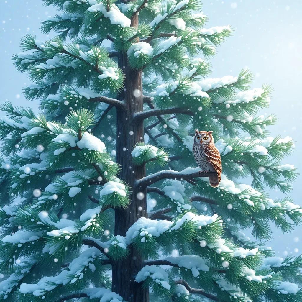 A tall pine tree covered in sparkling snowflakes, with a wise old owl perched on a branch, observing, magical winter scene, digital painting, bright whites and greens, peaceful, high quality