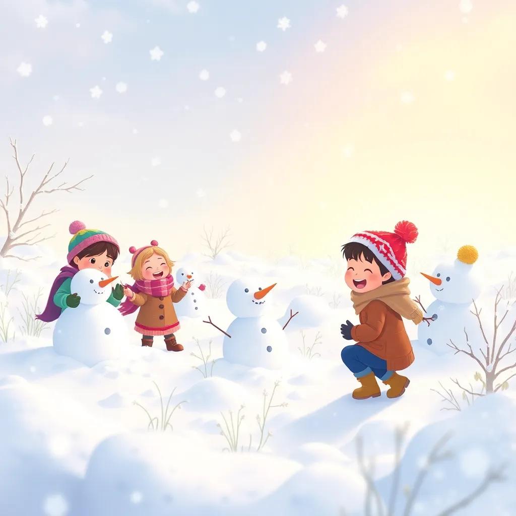 A snowy meadow full of laughter, with children building snowmen and playing, surrounded by fluffy white snow, illustration, joyful colors, playful atmosphere, high quality