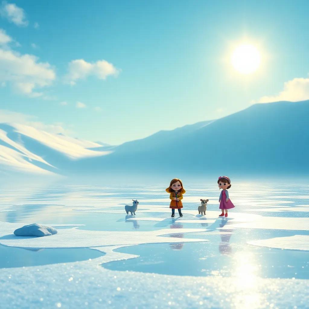 A frozen lake shimmering under the sun, with Sophie and her friends exploring, surrounded by clear blue skies and soft snowflakes, digital art, glistening surfaces, tranquil scene, high quality