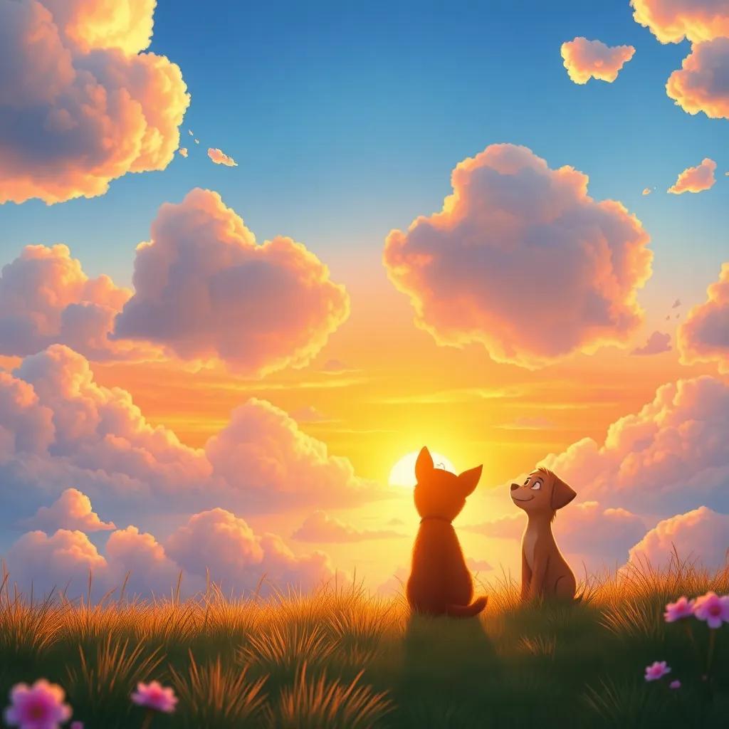 Fluffy white clouds high in the sky with Sophie, Max, and Bella looking down at a colorful sunset, feeling the warmth of the sun, whimsical artwork, vibrant colors, peaceful atmosphere, high quality