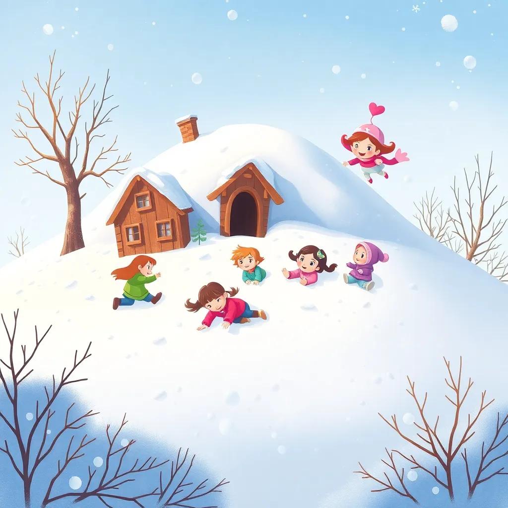 A cozy little hill with children playing and rolling in the snow, with Sophie and her friends floating nearby, cheerful winter scene, illustration, bright and colorful, playful, high quality