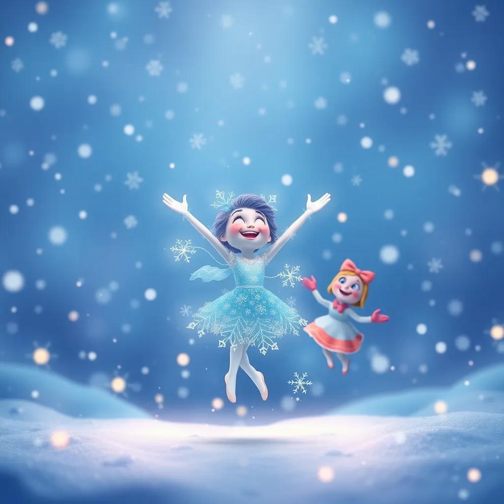 Sophie the snowflake dancing joyfully in the winter sky with her friends, surrounded by soft glowing lights and sparkles, celebrating their uniqueness together, colorful, magical atmosphere, high quality