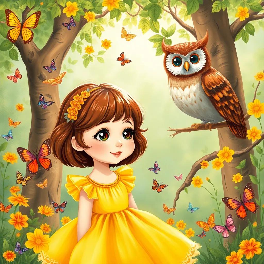 A little girl, Sophie, with short brown hair, wearing a bright yellow dress, surrounded by colorful butterflies in a sunny forest, talking to a wise old owl perched on a branch, cheerful illustration, playful colors, adventure-inspired, high quality