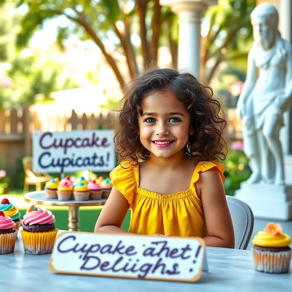 A young girl, Sophie, with curly brown hair, wearing a bright yellow dress, sitting at a table filled with colorful cupcakes and a big sign that says 'Cupcake Delights!', sunny backyard, cheerful atmosphere, digital art, high quality