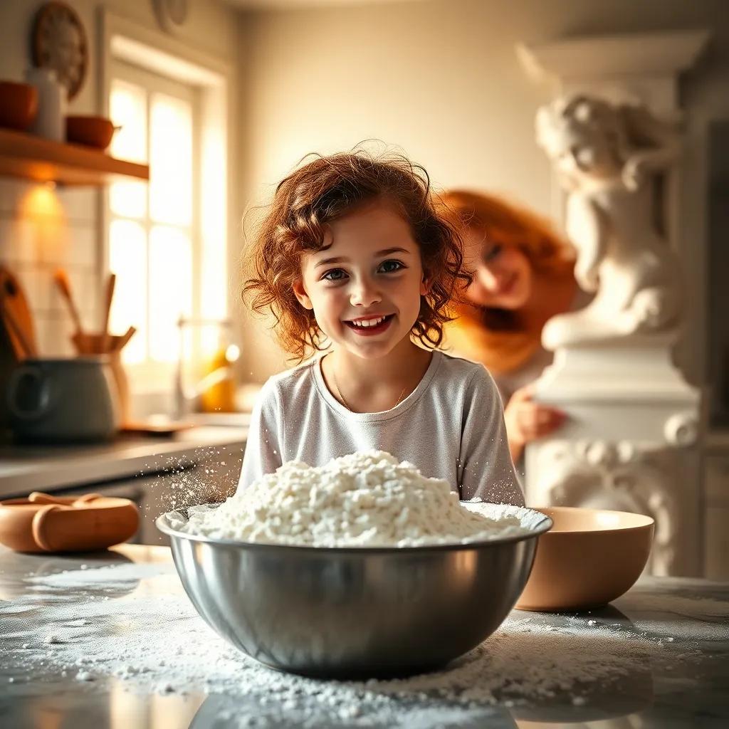 Sophie, a young girl with curly brown hair, baking in the kitchen with her mom, flour everywhere, a flour-dusted countertop, happy and excited, digital art, warm light, cozy kitchen