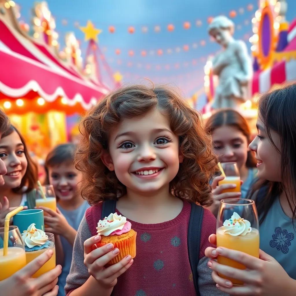 Sophie, a young girl with curly brown hair, with friends around her, enjoying cupcakes and lemonade at a bustling fair, colorful tents and decorations, joyful expressions, digital art, vibrant colors, magical atmosphere