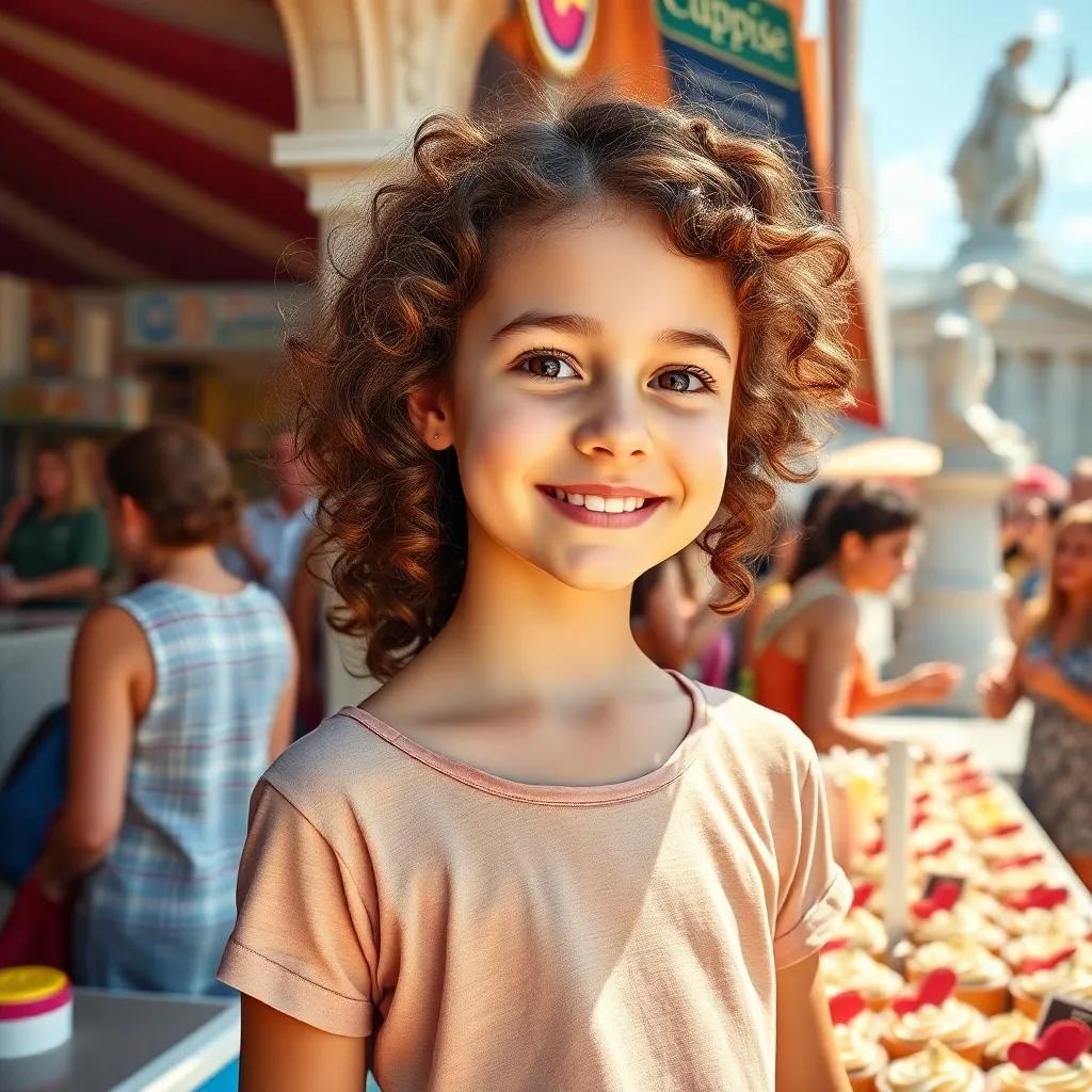 Sophie, a young girl with curly brown hair, with a big smile, standing proudly at a cupcake stand at the fair, people buying treats, bright summer day, happy crowd, digital art, bright colors, lively scene