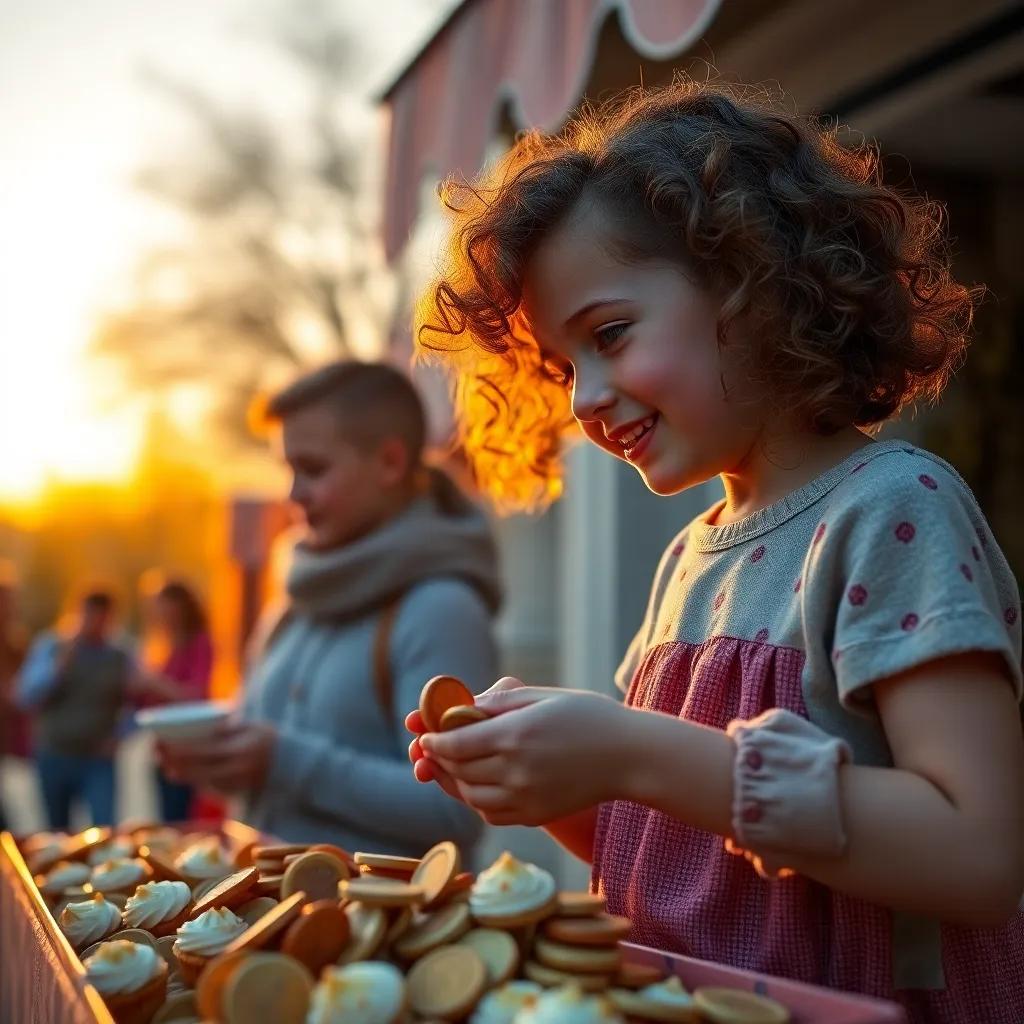 Sophie, a young girl with curly brown hair, gathering coins happily with her friends after selling cupcakes, sunset in the background, cozy and cheerful mood, digital art, inviting light, heartwarming