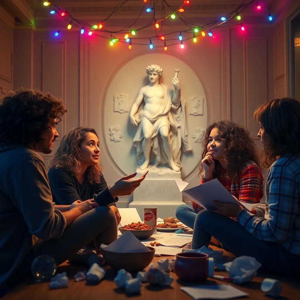 Sophie, a young girl with curly brown hair, having fun with her friends brainstorming ideas late at night, crumpled papers and snacks around, colorful fairy lights overhead, digital art, warm and cozy