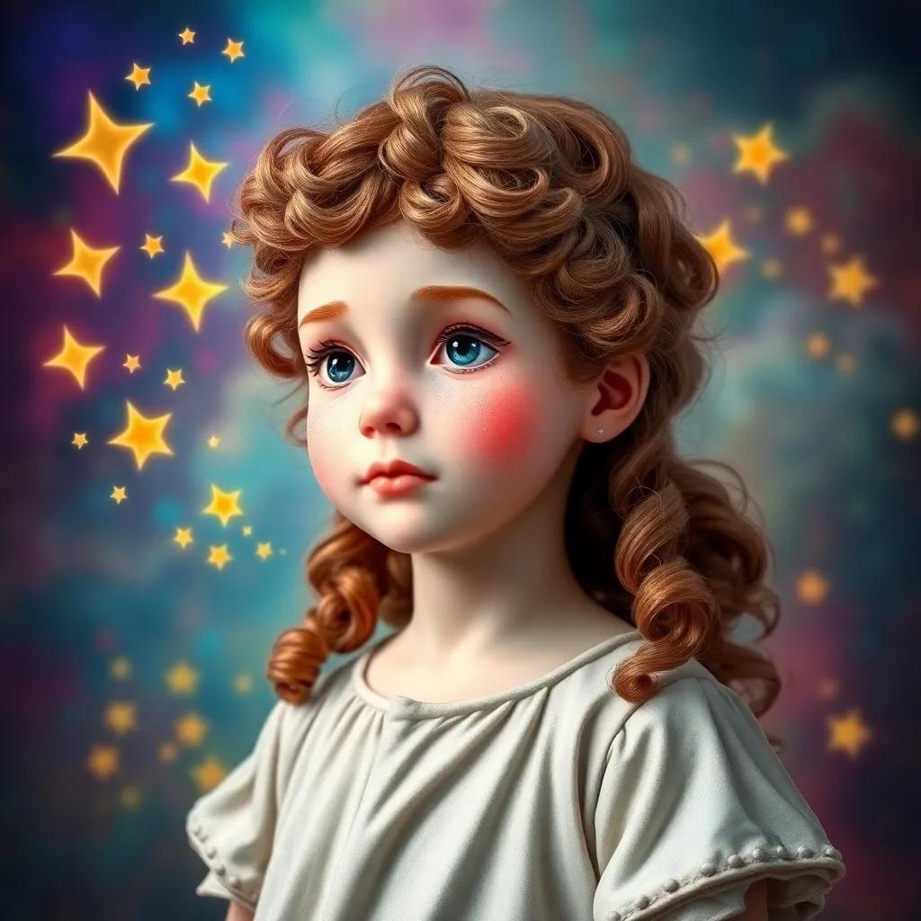 Sophie, a young girl with curly brown hair, with a dream bubble showing her heart and ideas, surrounded by stars, colorful background, whimsical and inspiring, digital art, imaginative