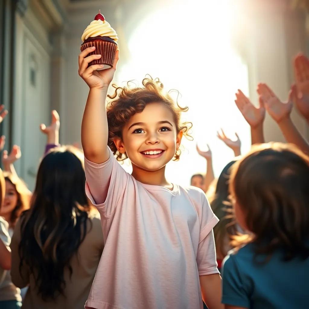 Sophie, a young girl with curly brown hair, holding a cupcake high with a proud smile, surrounded by friends cheering, bright sunlight, happy and encouraging atmosphere, digital art, joyful scene