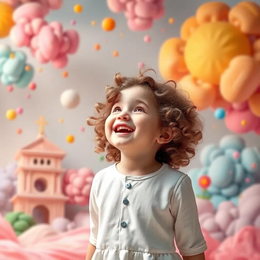 A joyful scene with Sophie, a young girl with curly brown hair, exploring a world filled with colorful dreams and business ideas, creative pastel background, whimsical and vibrant, digital art, child-friendly, inspiring