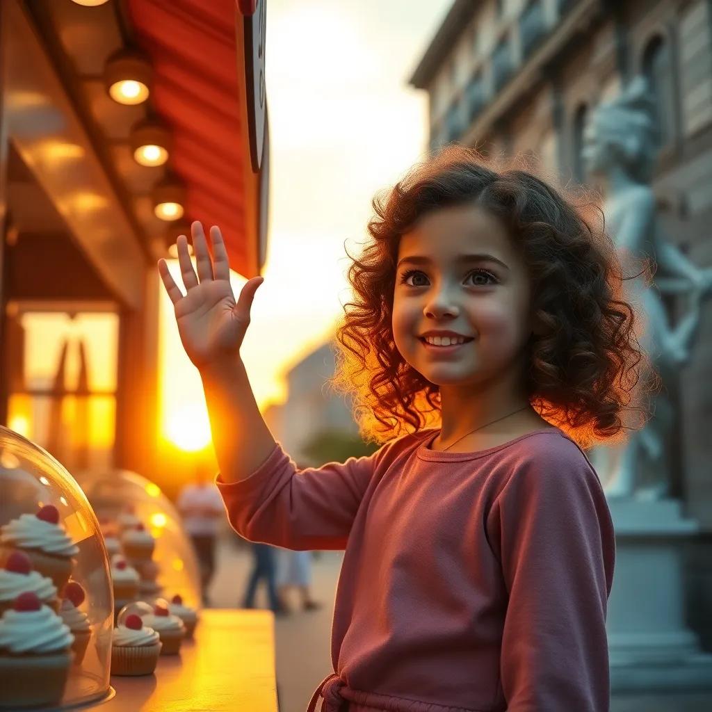 Sophie, a young girl with curly brown hair, waving goodbye to her cupcake stand after a successful day, with the sun setting, warm colors, a sense of accomplishment and friendship, digital art, uplifting