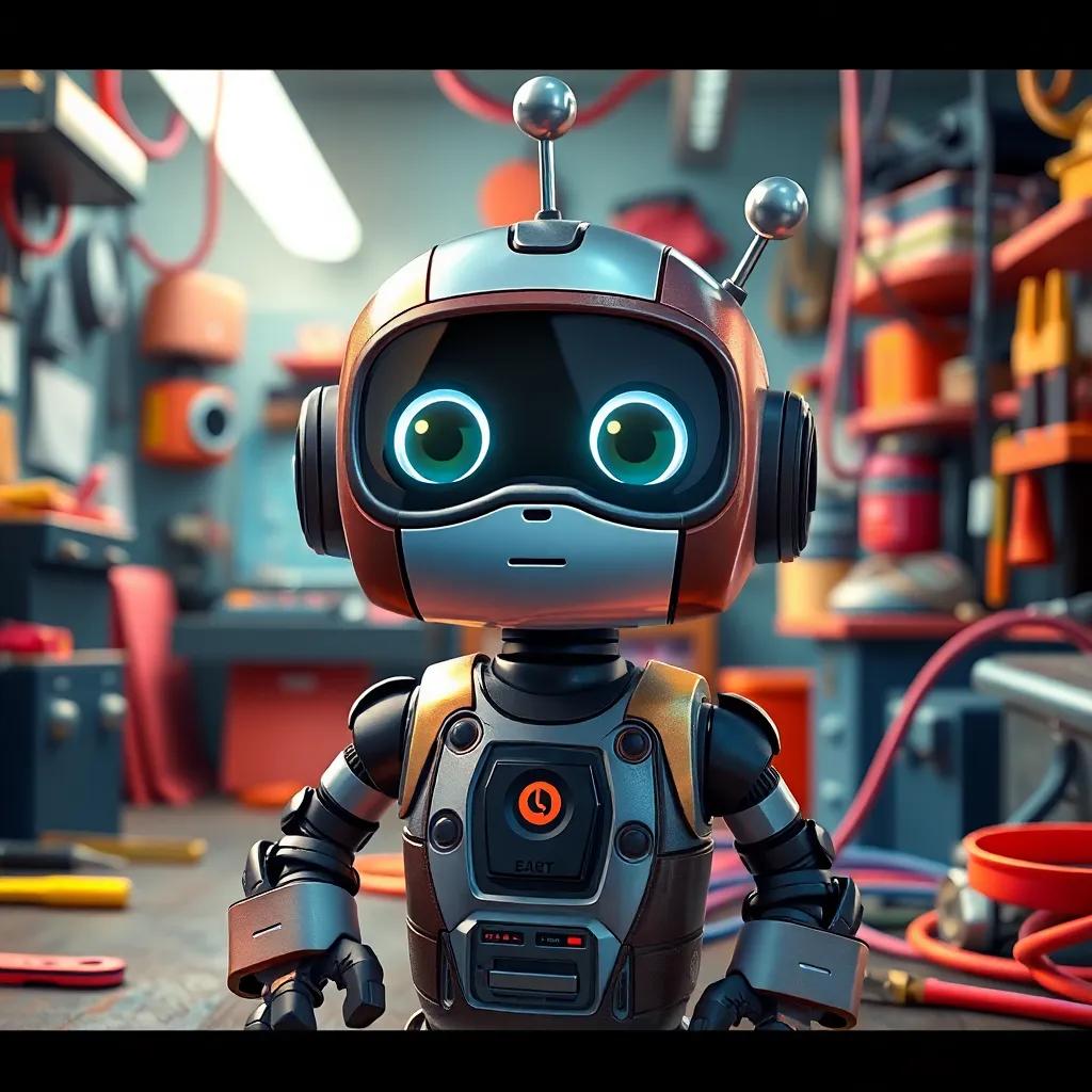 A little robot named Sparky, looking curious with blinking LED eyes, surrounded by colorful wires and tools in a bright workshop, digital art, cheerful ambiance, synthetic colors, high perspective, detailed and child-friendly